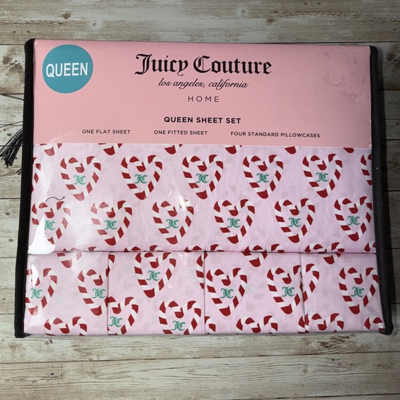 Juicy Couture Other - Juicy Couture Queen Sheet Set Pink Candy Cane Heart Monogram 6 Piece New